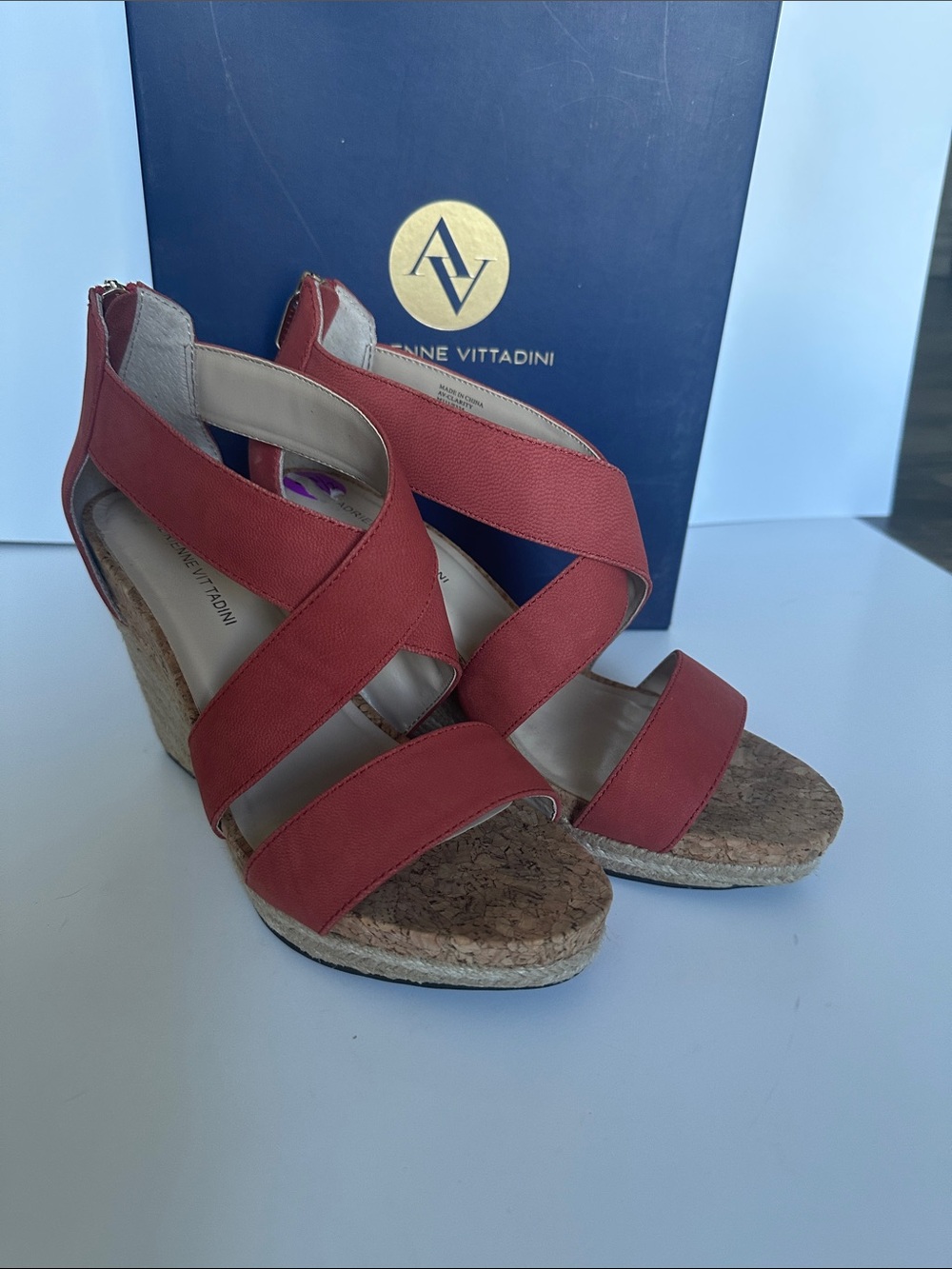 Adrienne Vittadini Coral Red Crisscross Espadrille Wedges